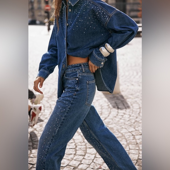 ZARA Z1975 FULL LENGTH STRAIGHT CUT BEADED JEANS WITH A HIGH WAIST - Picture 5 of 8